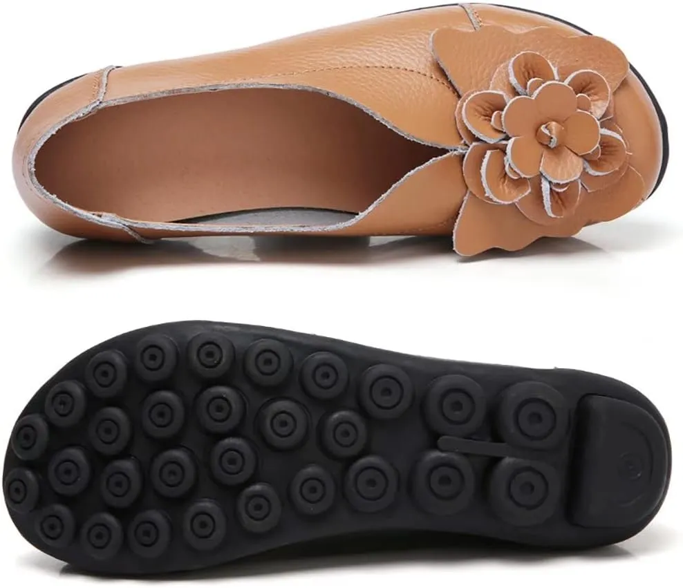WERWAES Casual Leather Loafers Shoes for Womens Slim Lightweight Soft Sole Flat Moccasins Shoes with Flowers Cowhide Round Toe Slip on Womens Loafer Indoor Outdoor Walking Womens Shoes