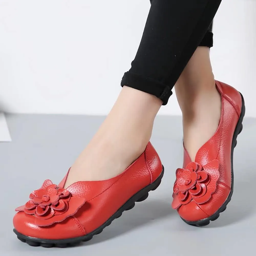 WERWAES Casual Leather Loafers Shoes for Womens Slim Lightweight Soft Sole Flat Moccasins Shoes with Flowers Cowhide Round Toe Slip on Womens Loafer Indoor Outdoor Walking Womens Shoes