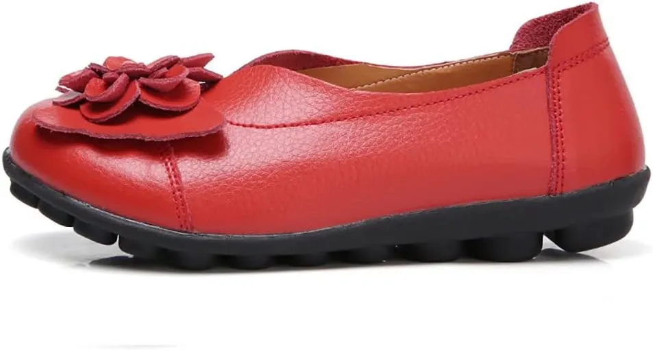 WERWAES Casual Leather Loafers Shoes for Womens Slim Lightweight Soft Sole Flat Moccasins Shoes with Flowers Cowhide Round Toe Slip on Womens Loafer Indoor Outdoor Walking Womens Shoes