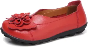 WERWAES Casual Leather Loafers Shoes for Womens Slim Lightweight Soft Sole Flat Moccasins Shoes with Flowers Cowhide Round Toe Slip on Womens Loafer Indoor Outdoor Walking Womens Shoes
