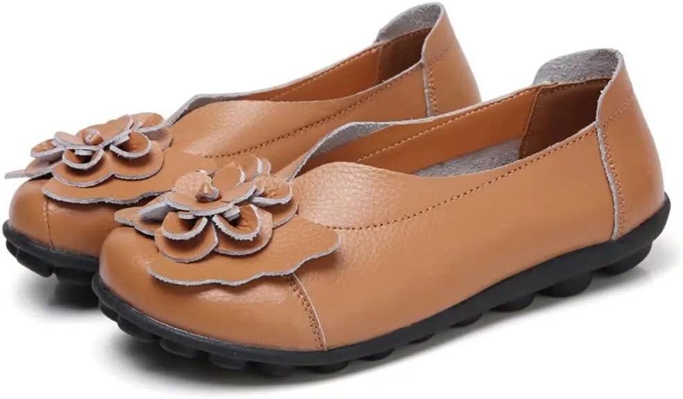 WERWAES Casual Leather Loafers Shoes for Womens Slim Lightweight Soft Sole Flat Moccasins Shoes with Flowers Cowhide Round Toe Slip on Womens Loafer Indoor Outdoor Walking Womens Shoes