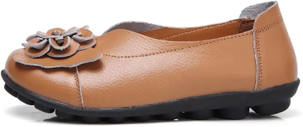 WERWAES Casual Leather Loafers Shoes for Womens Slim Lightweight Soft Sole Flat Moccasins Shoes with Flowers Cowhide Round Toe Slip on Womens Loafer Indoor Outdoor Walking Womens Shoes
