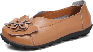 WERWAES Casual Leather Loafers Shoes for Womens Slim Lightweight Soft Sole Flat Moccasins Shoes with Flowers Cowhide Round Toe Slip on Womens Loafer Indoor Outdoor Walking Womens Shoes