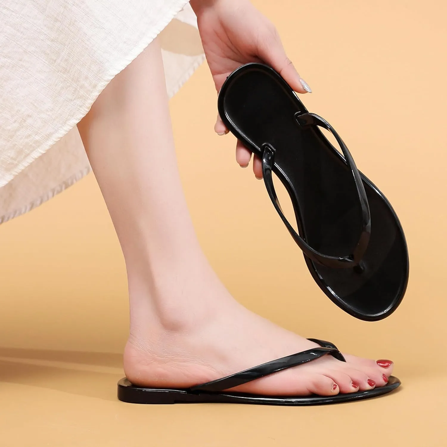 Women Flip Flops Thong Sandals Jelly Shoes Flat Slides Clear Jellies Pool Slippers Bathroom Summer Beach Size 8 Ladies Non Slip Dress Comfortable Quick Drying Soft