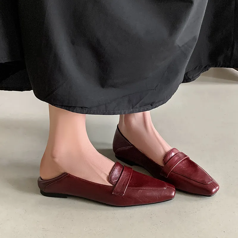 Women Genuine Leather Pointed Toe Retro Slip On Flat Comfortable Loafers