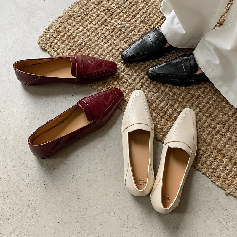 Women Genuine Leather Pointed Toe Retro Slip On Flat Comfortable Loafers
