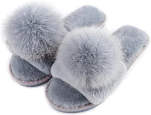 Women Slippers with Real Fox Fur Ball, Girl Furry Cozy Warm House Slipper, Open Toe Soft Flat Slide Sandals for Women Indoor Outdoor