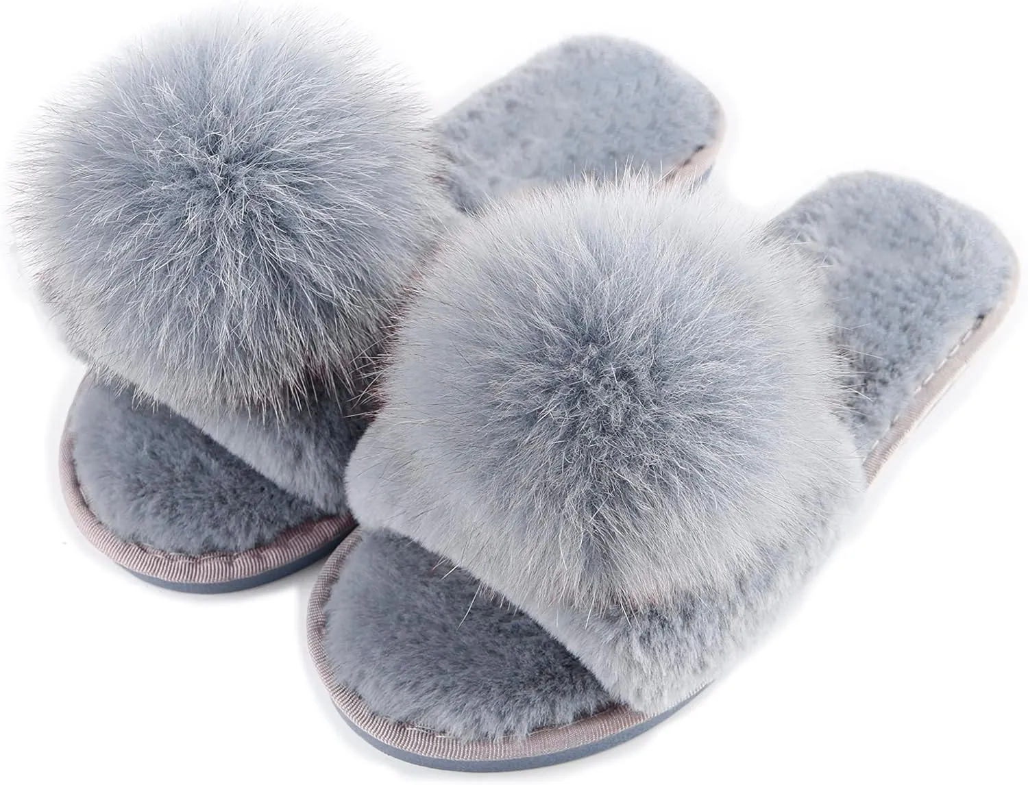 Women Slippers with Real Fox Fur Ball, Girl Furry Cozy Warm House Slipper, Open Toe Soft Flat Slide Sandals for Women Indoor Outdoor