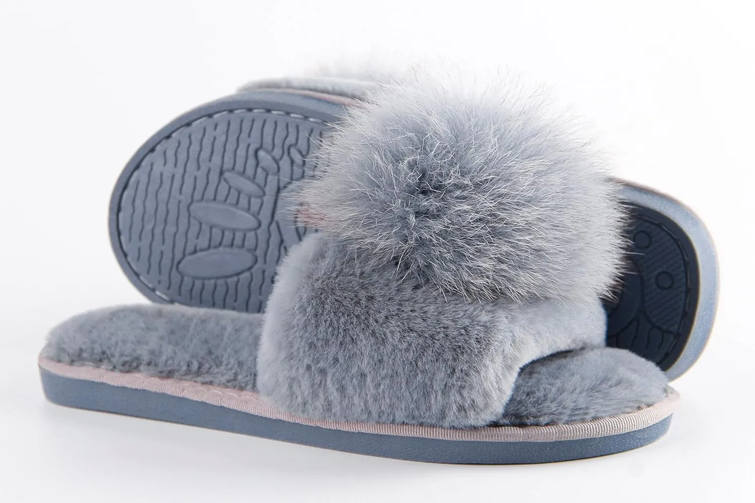 Women Slippers with Real Fox Fur Ball, Girl Furry Cozy Warm House Slipper, Open Toe Soft Flat Slide Sandals for Women Indoor Outdoor