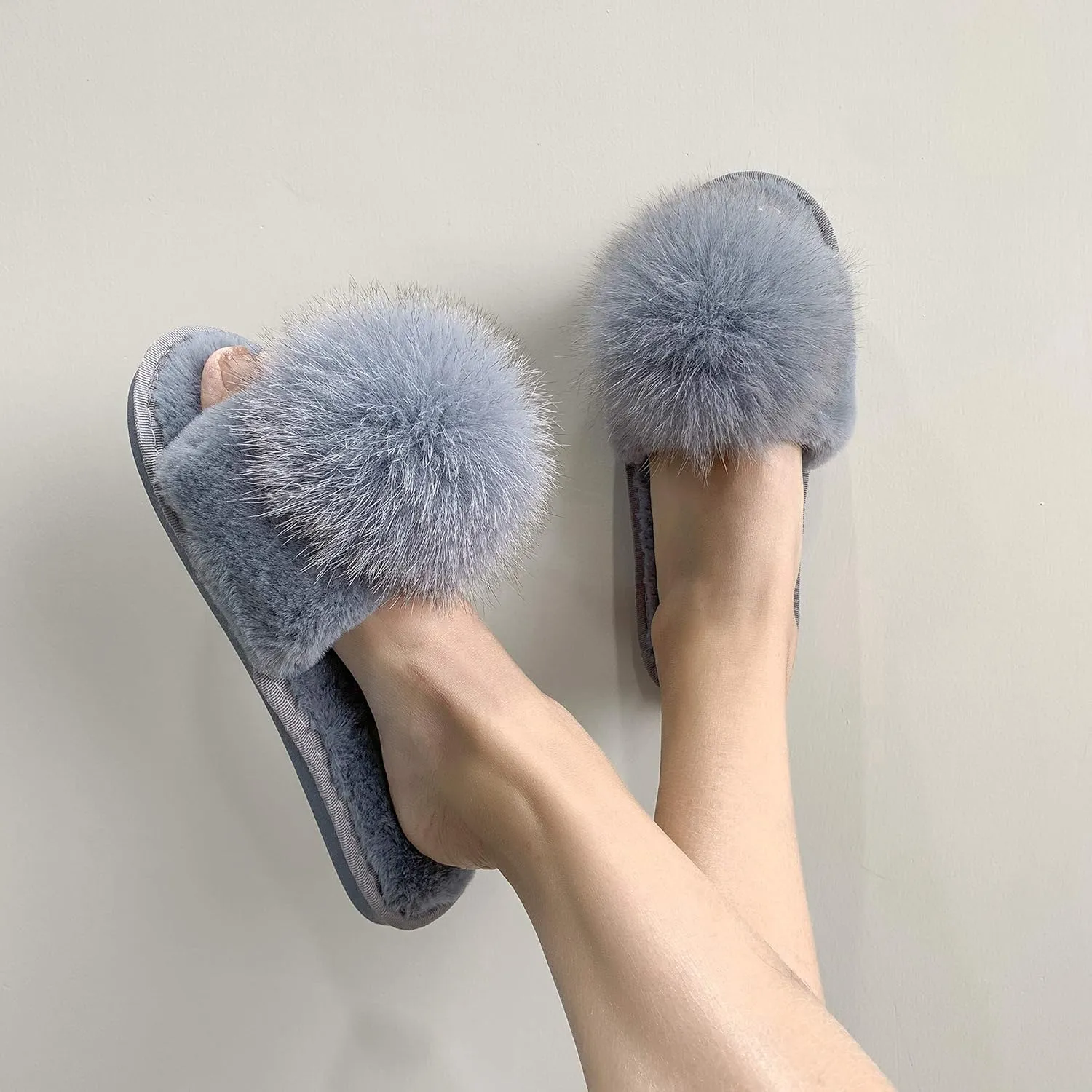 Women Slippers with Real Fox Fur Ball, Girl Furry Cozy Warm House Slipper, Open Toe Soft Flat Slide Sandals for Women Indoor Outdoor