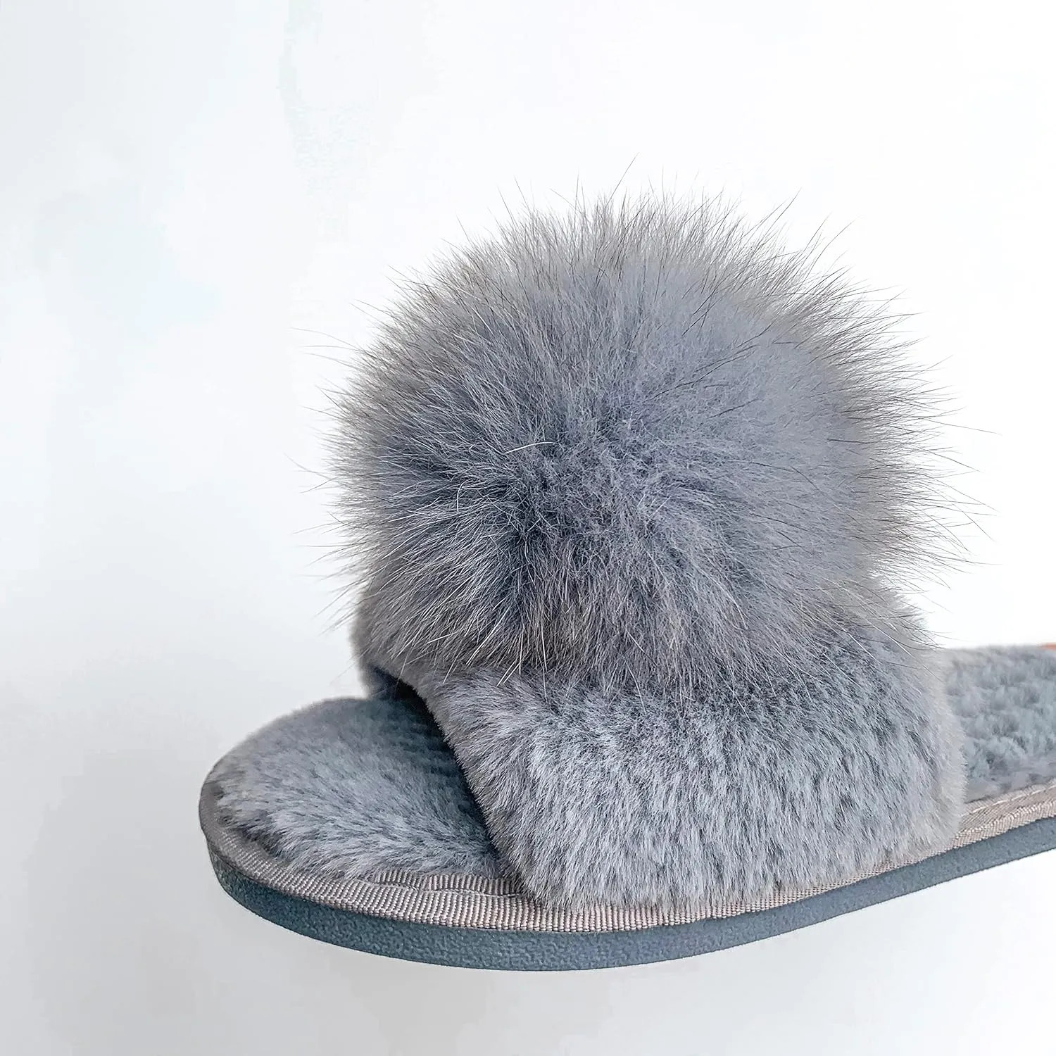 Women Slippers with Real Fox Fur Ball, Girl Furry Cozy Warm House Slipper, Open Toe Soft Flat Slide Sandals for Women Indoor Outdoor