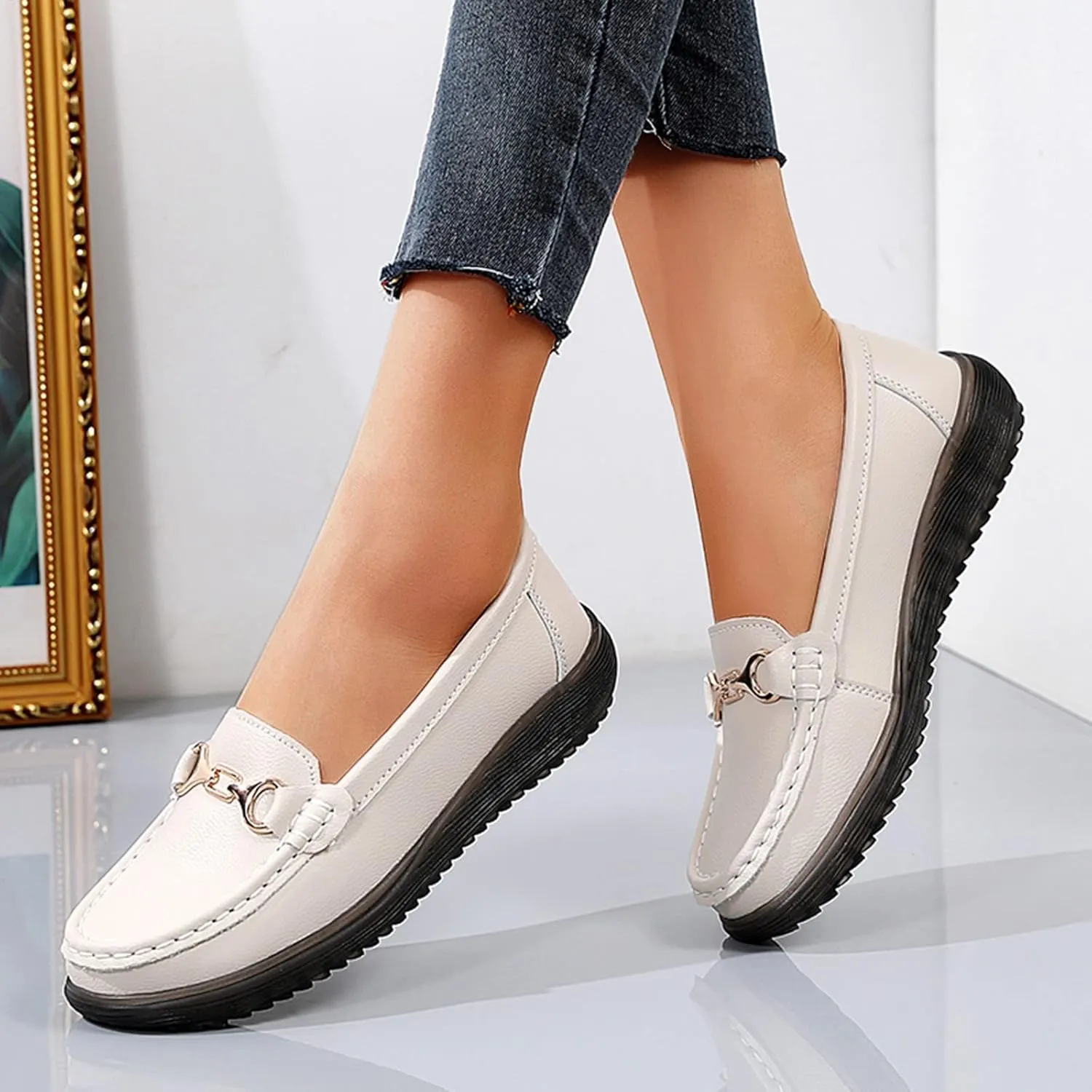 Womens Comfort Walking Flat Loafer Slip On Leather Loafer Comfortable Flat Business Casual Shoes for Women Open Toe