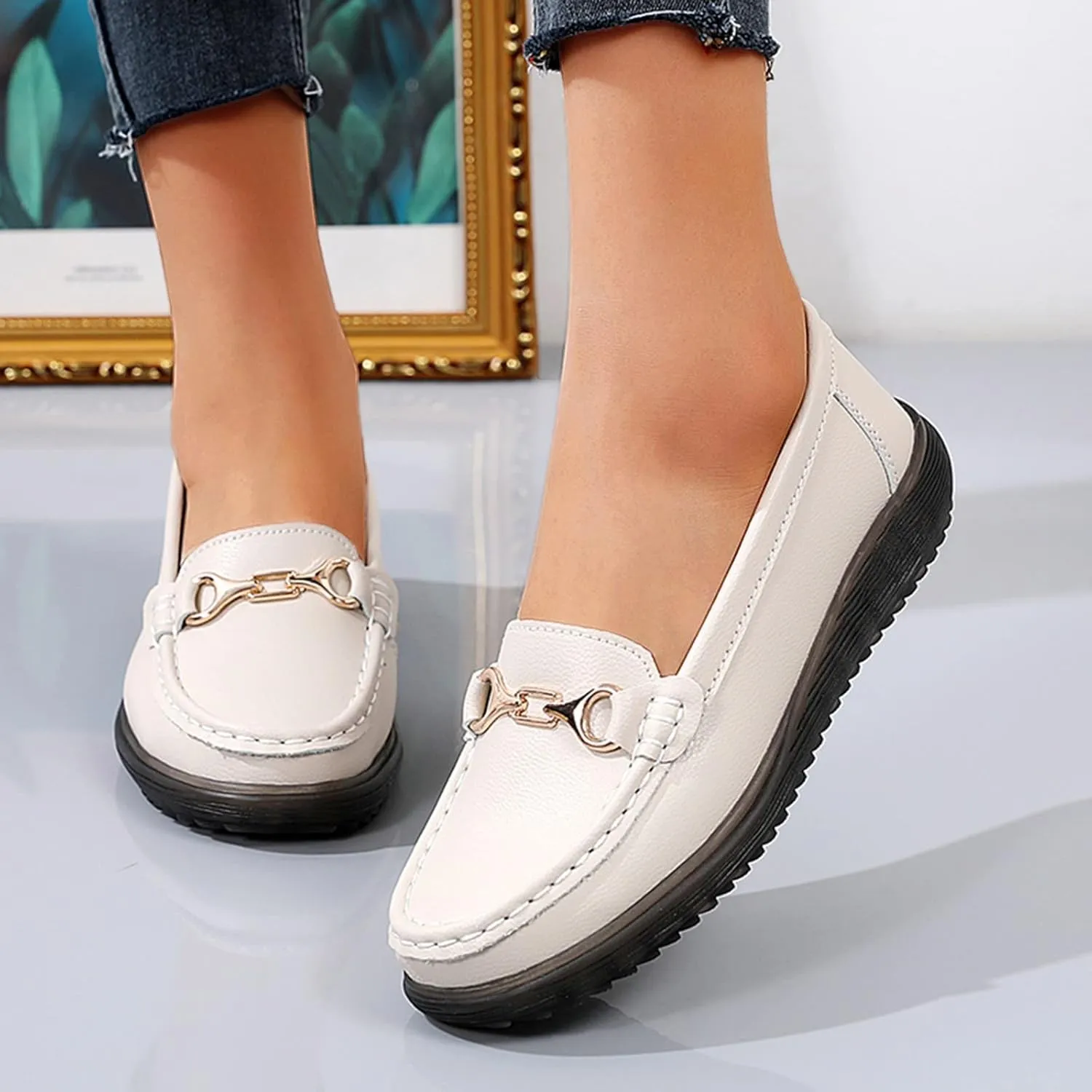 Womens Comfort Walking Flat Loafer Slip On Leather Loafer Comfortable Flat Business Casual Shoes for Women Open Toe