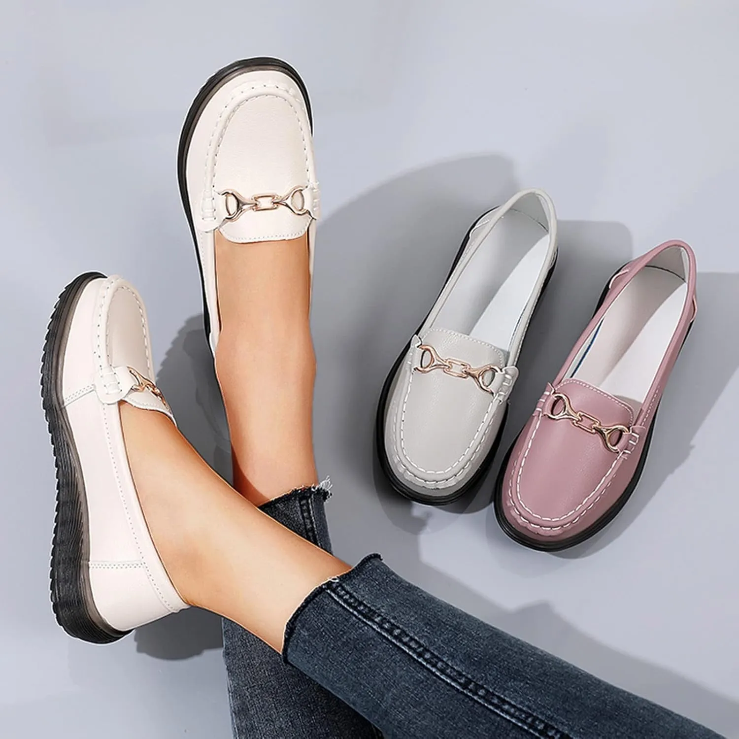 Womens Comfort Walking Flat Loafer Slip On Leather Loafer Comfortable Flat Business Casual Shoes for Women Open Toe