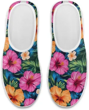 Women's Comfortable Sneakers Colorful Florals Low Top Casual Shoes Lightweight Popular No Laces Slip On Breathable Mesh Shoes for Party Size 5.5-11.5 White Sole