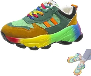 Women's Comfortable Stylish Rainbow Sneakers, Lace Up Orthopedic Arch Wide Foot Sneakers for Outdoor Workout