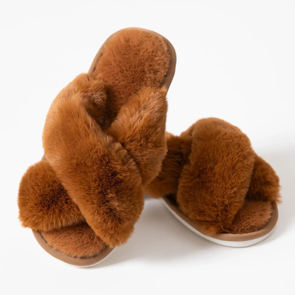 Women's Cross Band Fuzzy Slippers Fluffy Open Toe House Slippers