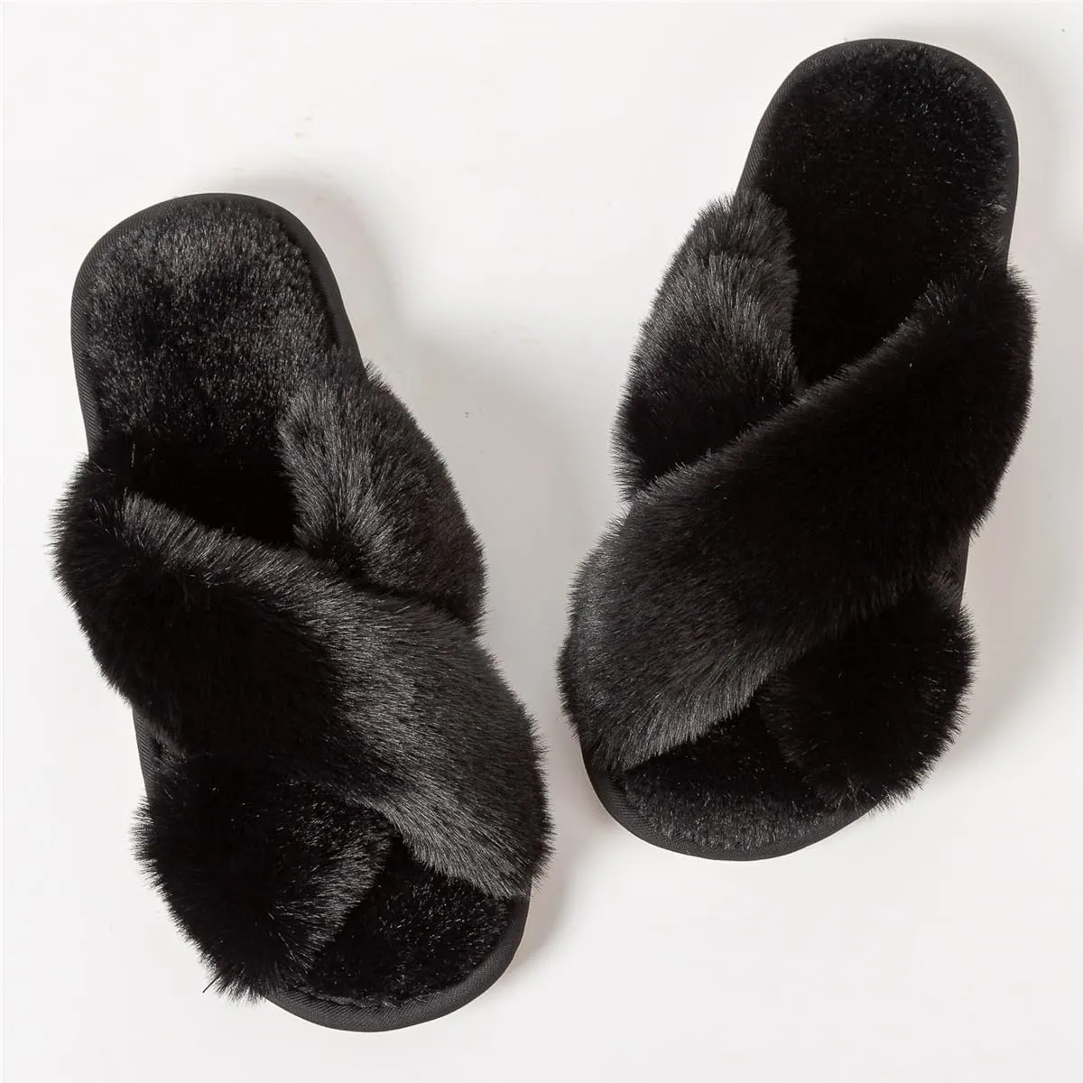 Women's Cross Band Fuzzy Slippers Fluffy Open Toe House Slippers