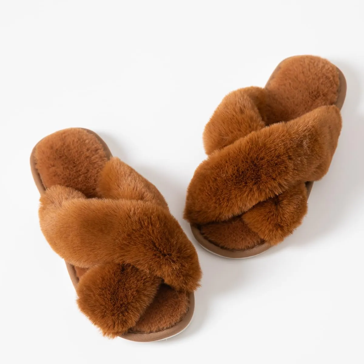 Women's Cross Band Fuzzy Slippers Fluffy Open Toe House Slippers