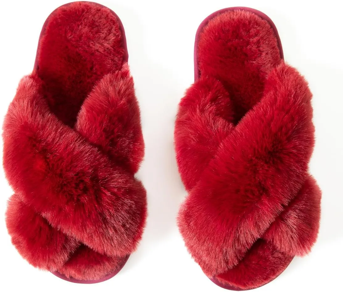 Women's Cross Band Fuzzy Slippers Fluffy Open Toe House Slippers