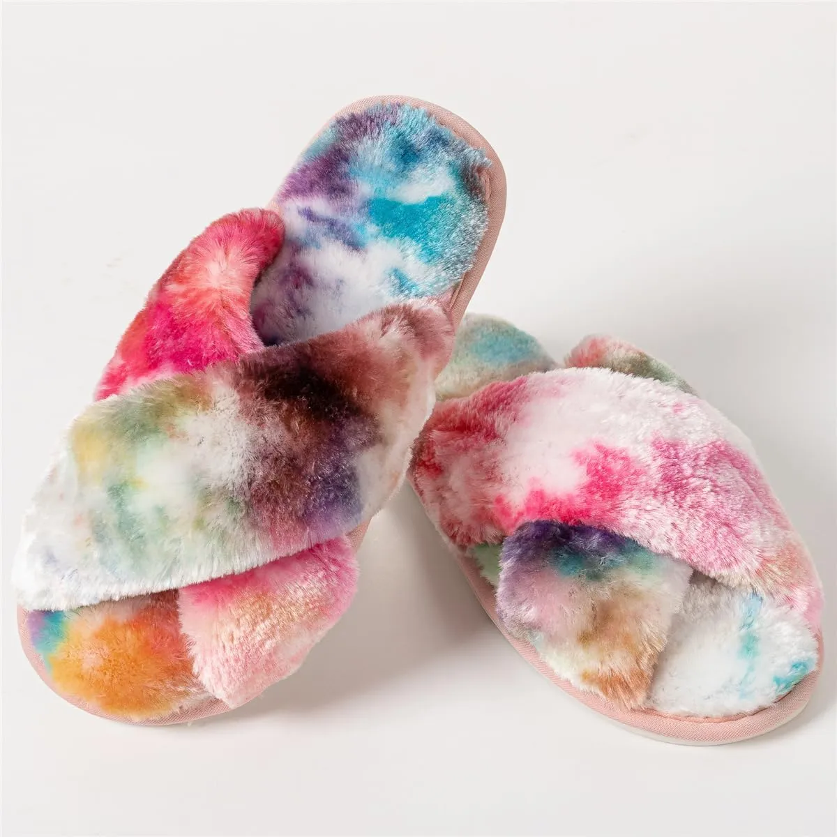 Women's Cross Band Fuzzy Slippers Fluffy Open Toe House Slippers