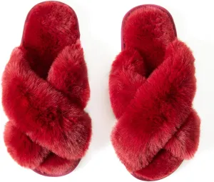 Women's Cross Band Fuzzy Slippers Fluffy Open Toe House Slippers