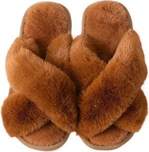Women's Cross Band Fuzzy Slippers Fluffy Open Toe House Slippers