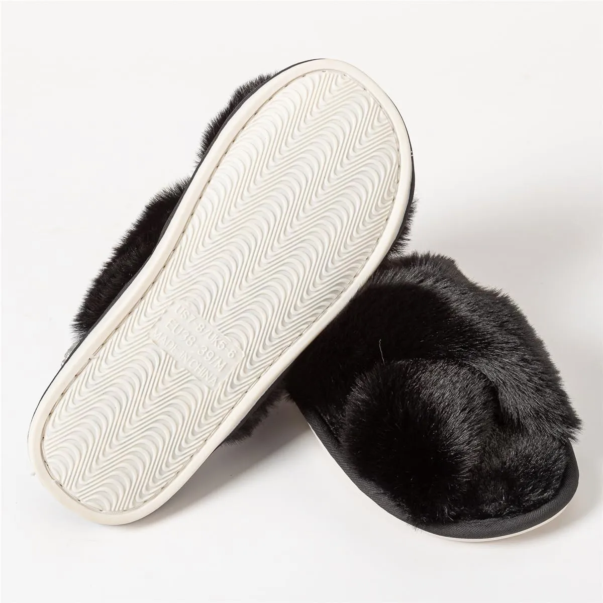 Women's Cross Band Fuzzy Slippers Fluffy Open Toe House Slippers