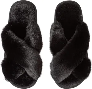 Women's Cross Band Fuzzy Slippers Fluffy Open Toe House Slippers