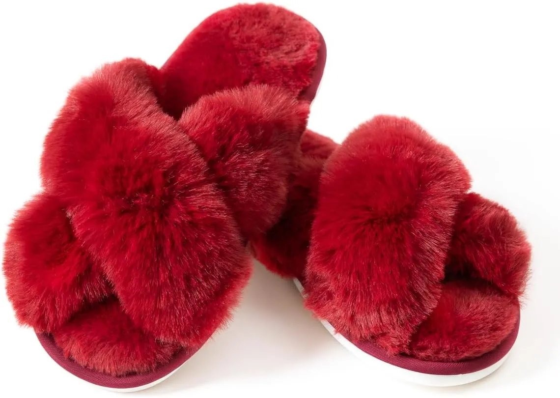 Women's Cross Band Fuzzy Slippers Fluffy Open Toe House Slippers