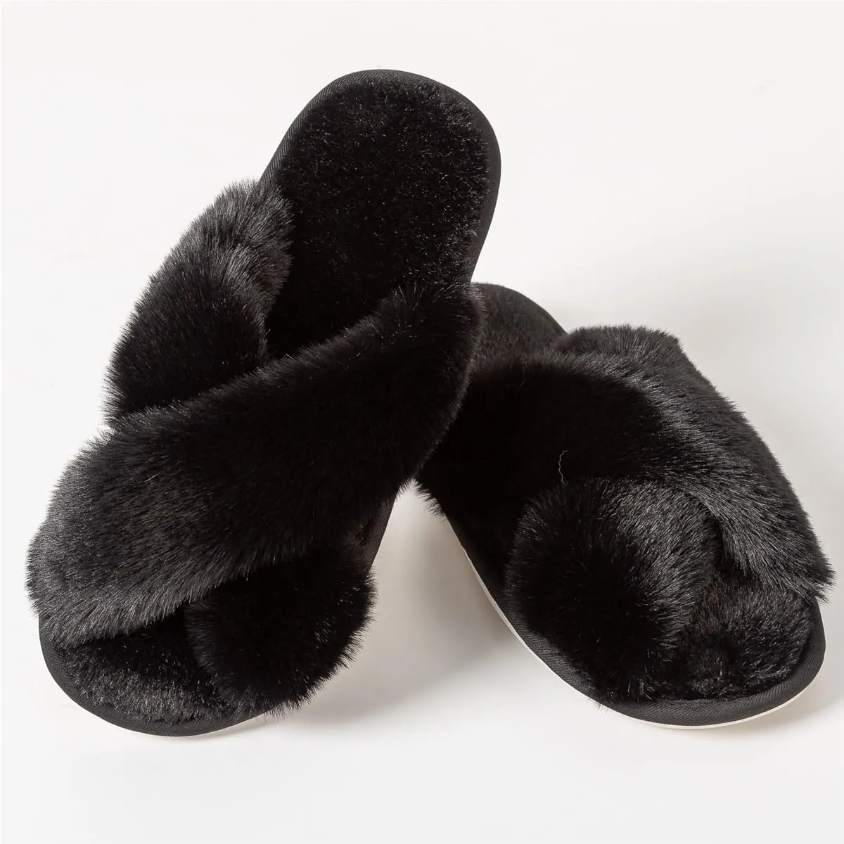 Women's Cross Band Fuzzy Slippers Fluffy Open Toe House Slippers