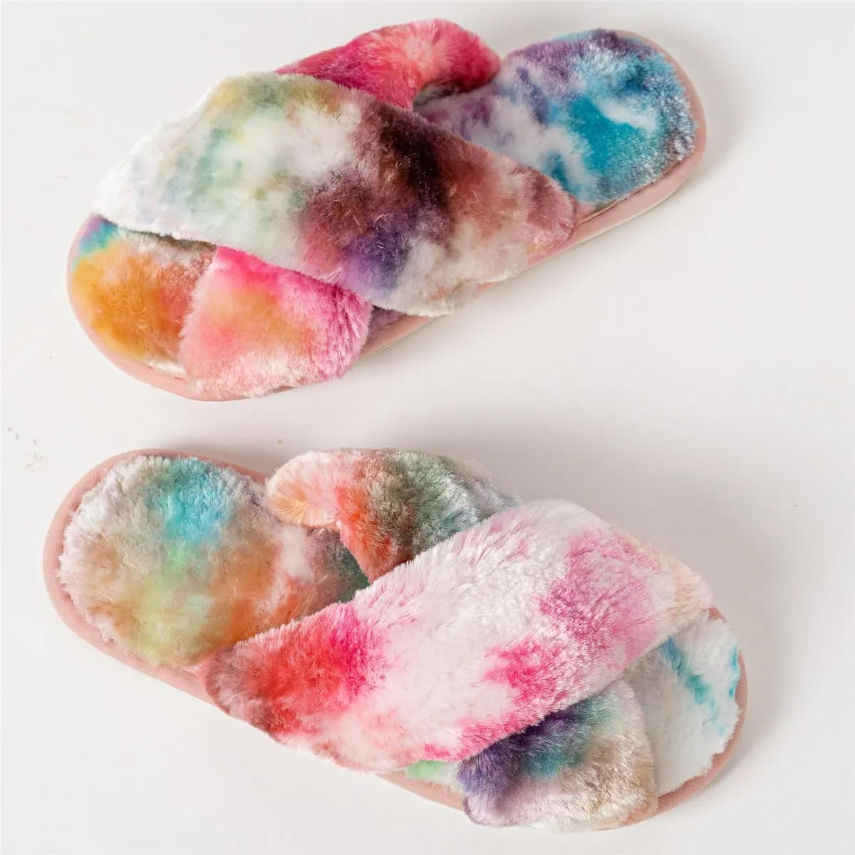 Women's Cross Band Fuzzy Slippers Fluffy Open Toe House Slippers