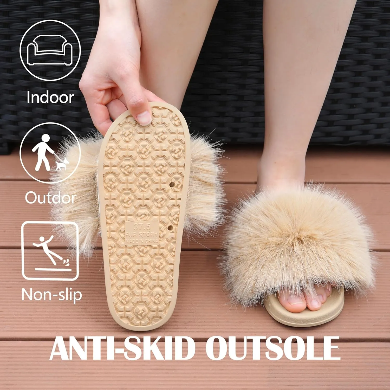 Women's Furry Slides Faux Fur Slides Fuzzy Slippers Fluffy Sandals Outdoor Indoor