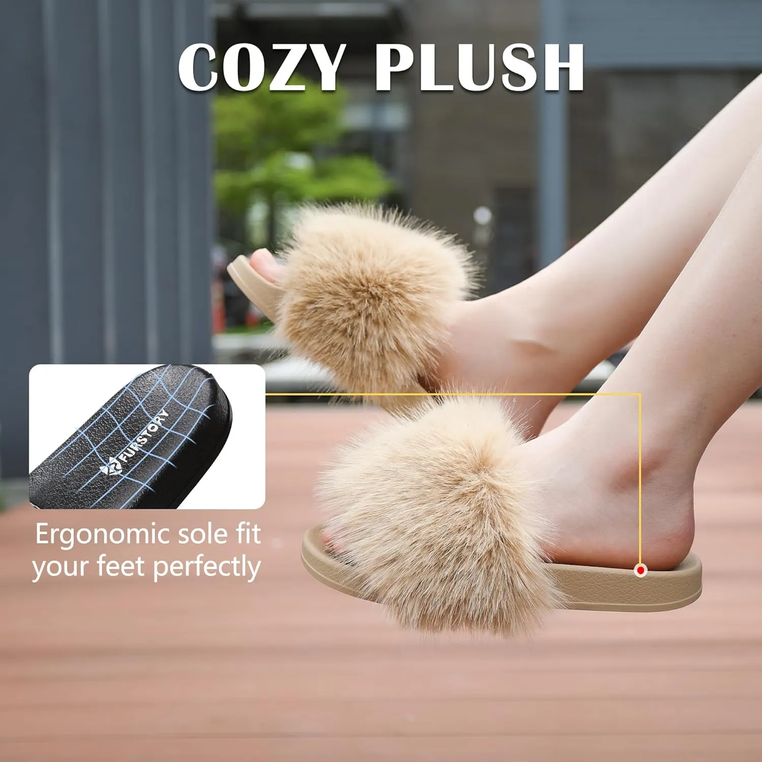 Women's Furry Slides Faux Fur Slides Fuzzy Slippers Fluffy Sandals Outdoor Indoor