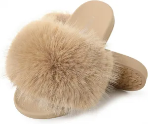 Women's Furry Slides Faux Fur Slides Fuzzy Slippers Fluffy Sandals Outdoor Indoor