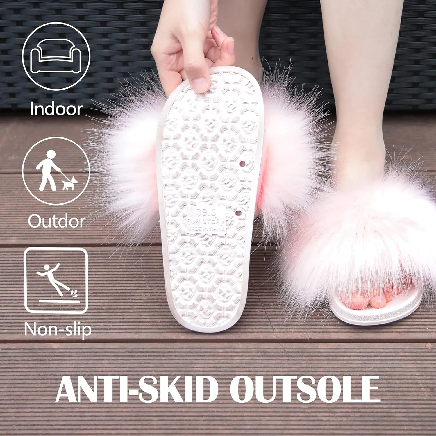 Women's Furry Slides Faux Fur Slides Fuzzy Slippers Fluffy Sandals Outdoor Indoor