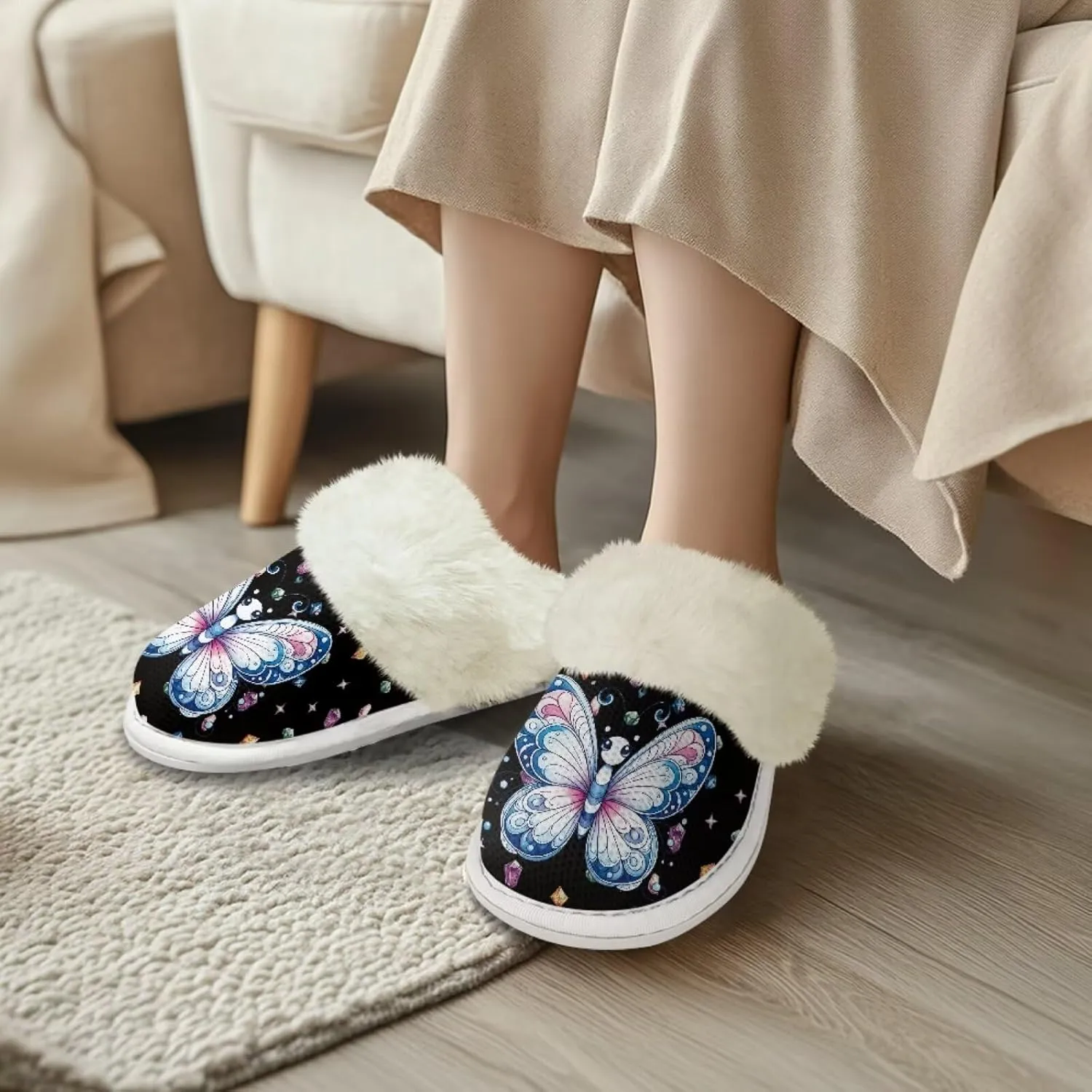 Women's Fuzzy Slippers Cozy Soft Indoor House Shoes with Anti-Skid Sole, Memory Foam Slippers Mens Slip On Shoes