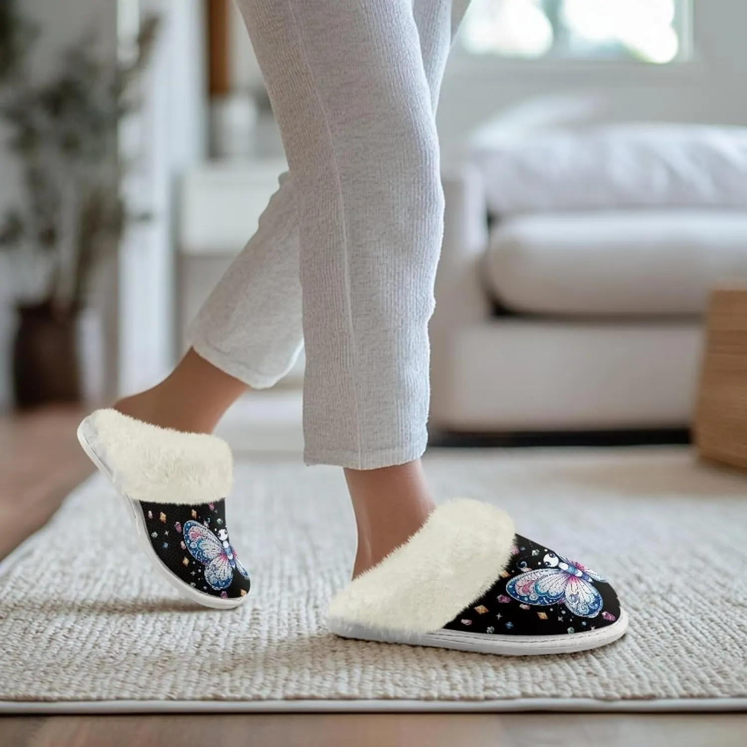 Women's Fuzzy Slippers Cozy Soft Indoor House Shoes with Anti-Skid Sole, Memory Foam Slippers Mens Slip On Shoes