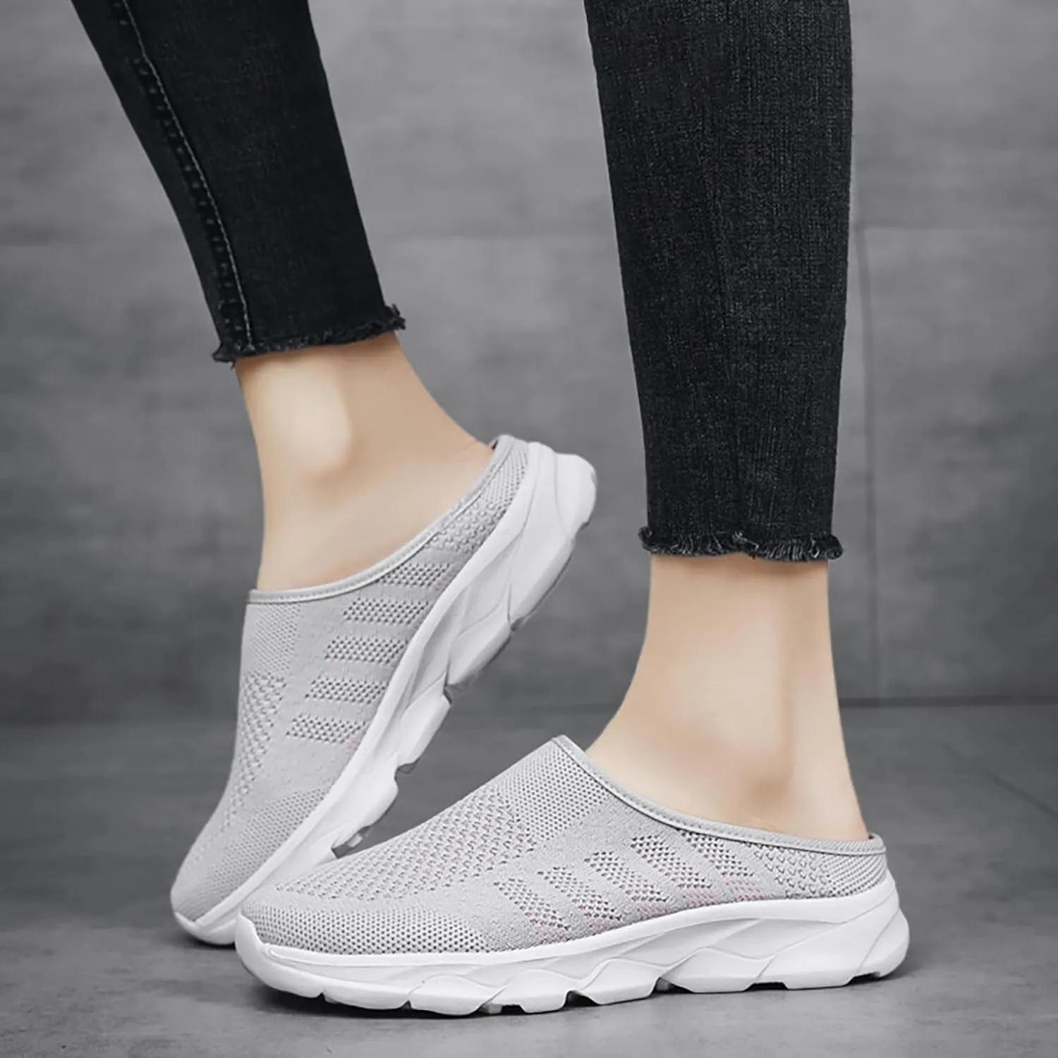 Women's Knit Round Toe Platform Clogs Mules Slip-On Casual Breathable Backless Wedge Arch Support Sneakers Non-Slip Lightweight Soft Sole Walking Driving Shoes