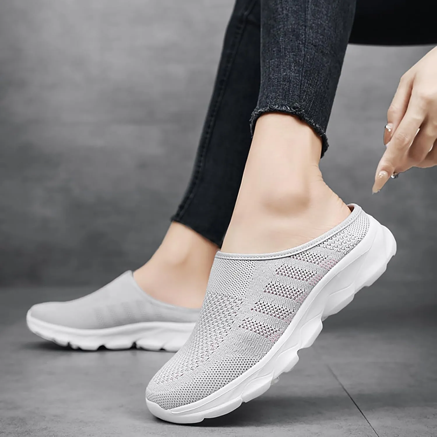 Women's Knit Round Toe Platform Clogs Mules Slip-On Casual Breathable Backless Wedge Arch Support Sneakers Non-Slip Lightweight Soft Sole Walking Driving Shoes