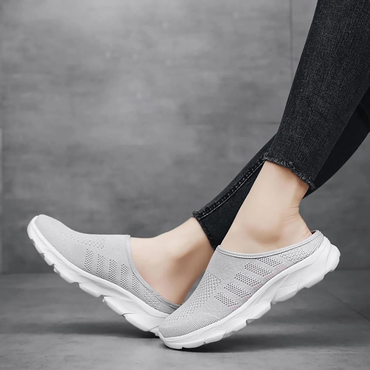 Women's Knit Round Toe Platform Clogs Mules Slip-On Casual Breathable Backless Wedge Arch Support Sneakers Non-Slip Lightweight Soft Sole Walking Driving Shoes