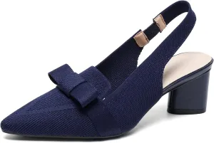 Women's Knitted Bow Slingback Chunky Heel Pumps Closed Pointed Toe Slip On Low Block Heels Daily Work Office Dress Shoes