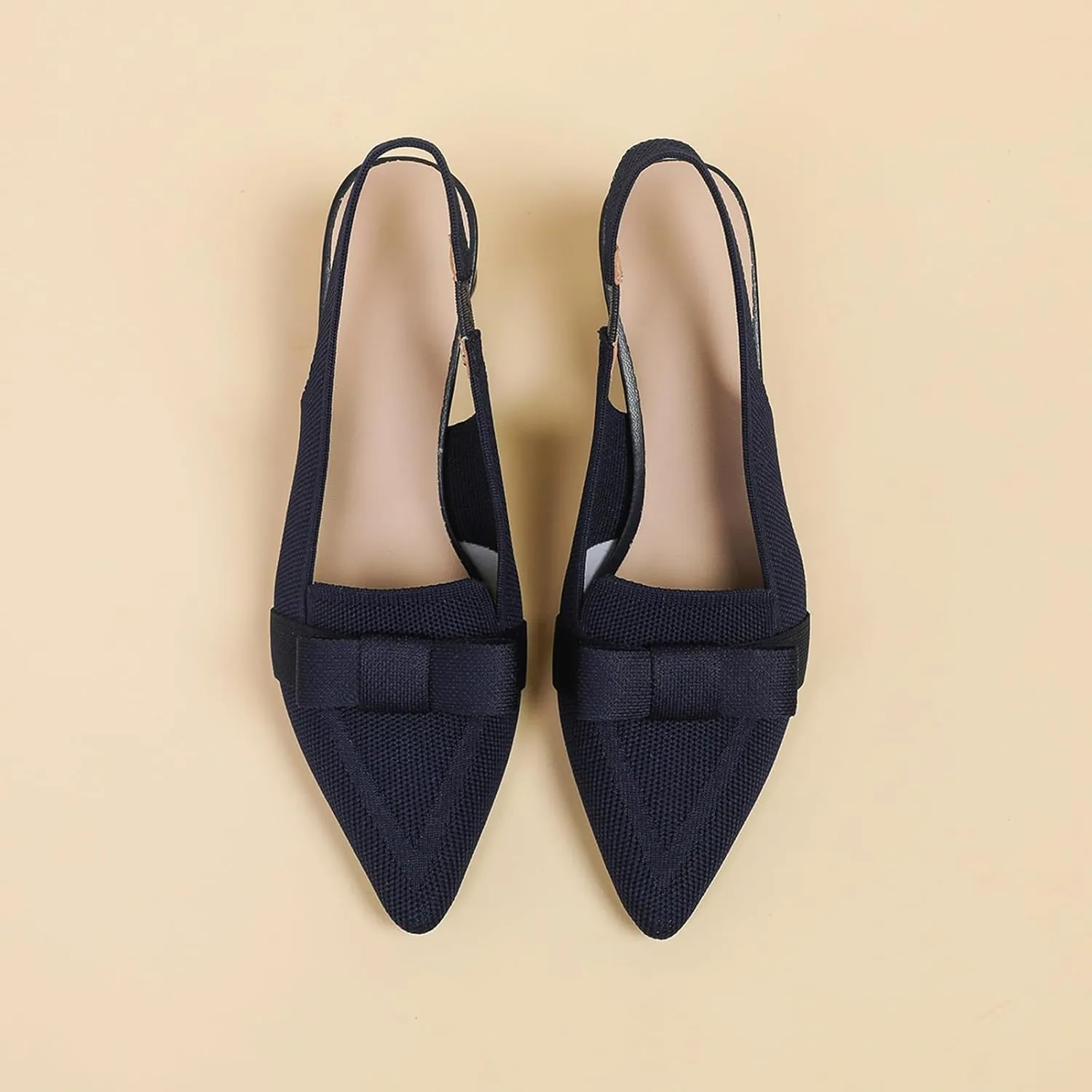 Women's Knitted Bow Slingback Chunky Heel Pumps Closed Pointed Toe Slip On Low Block Heels Daily Work Office Dress Shoes