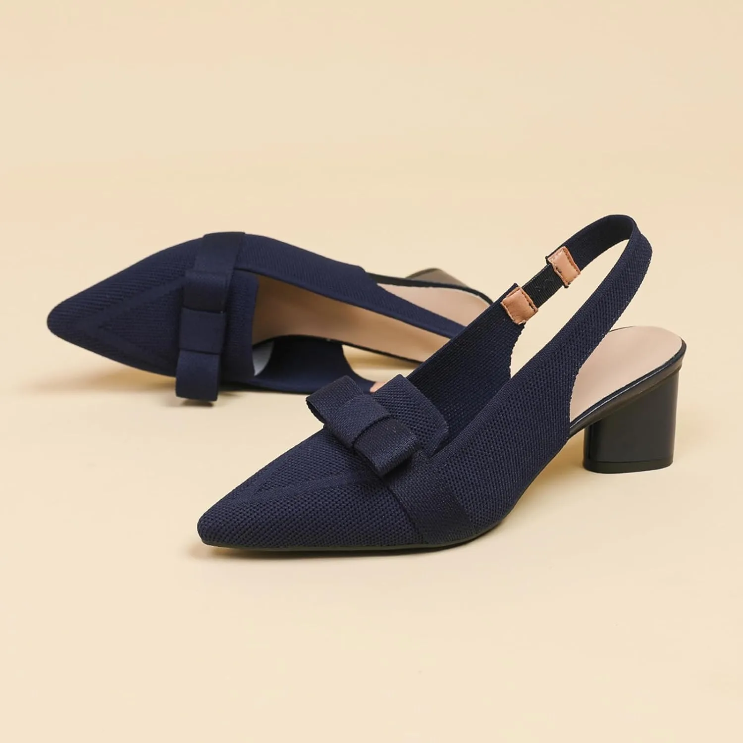 Women's Knitted Bow Slingback Chunky Heel Pumps Closed Pointed Toe Slip On Low Block Heels Daily Work Office Dress Shoes