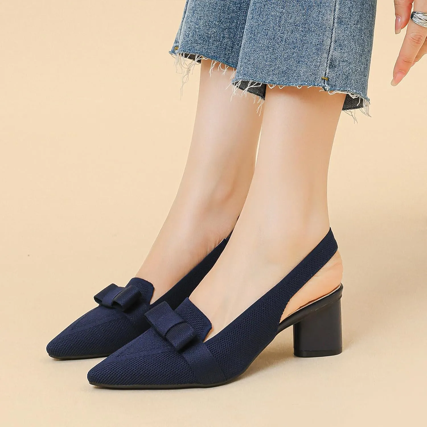 Women's Knitted Bow Slingback Chunky Heel Pumps Closed Pointed Toe Slip On Low Block Heels Daily Work Office Dress Shoes
