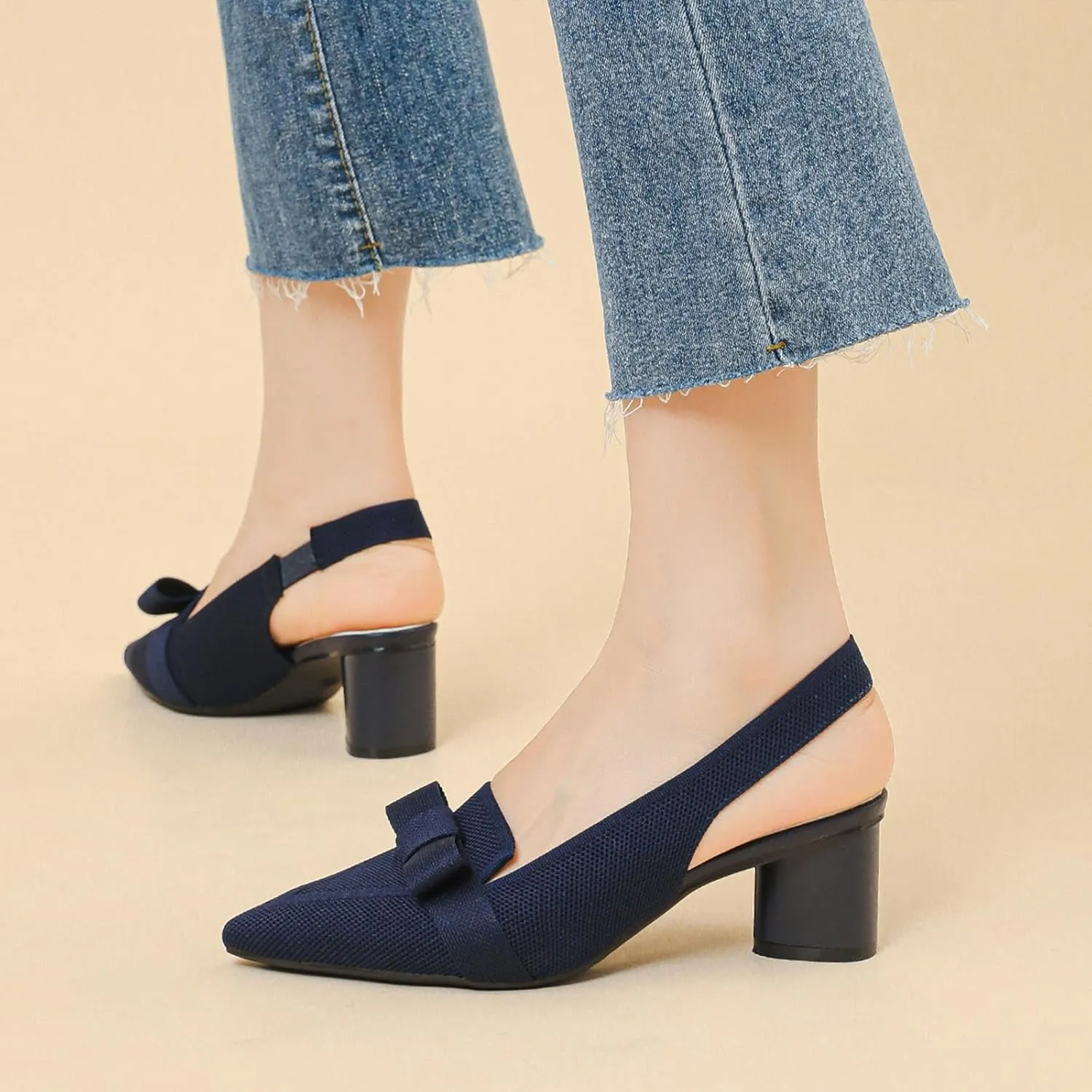 Women's Knitted Bow Slingback Chunky Heel Pumps Closed Pointed Toe Slip On Low Block Heels Daily Work Office Dress Shoes