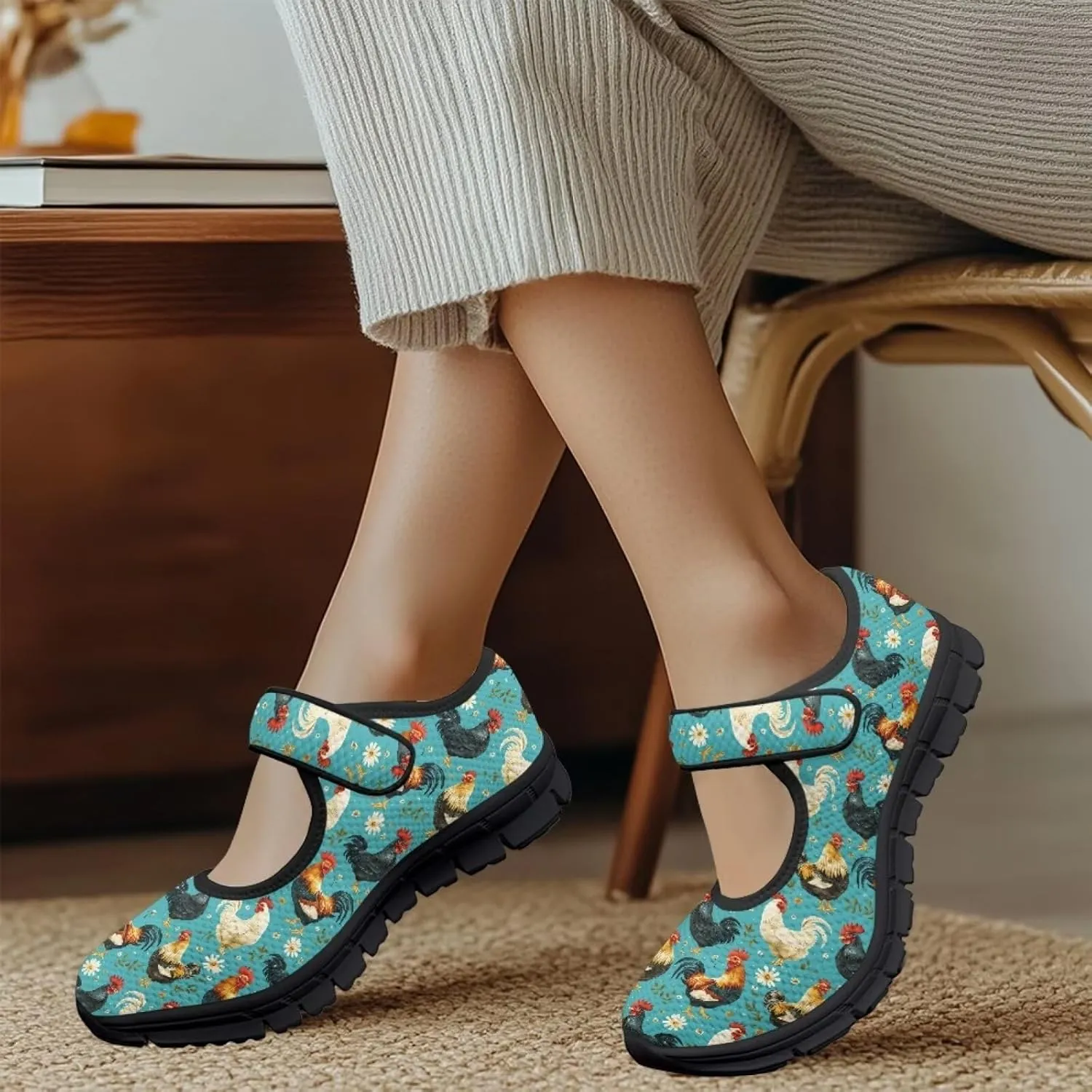 Womens Mary Jane Shoes Sneaker Animals Pattern Non Slip Lightweight Shoes with Magic Sticker for Walking