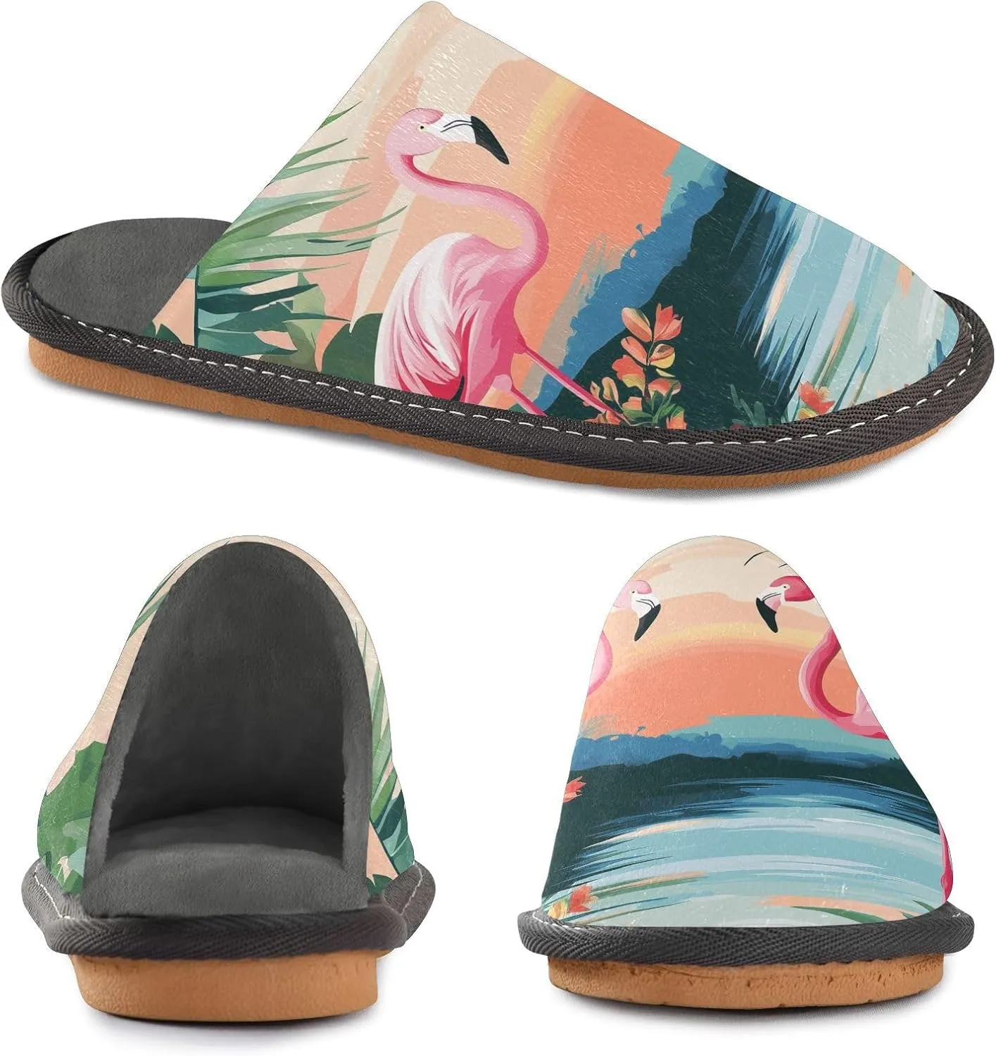 Women's Mens Cosy Slippers, Summer Seaside Flamingos Casual Unisex Slip-On Breathable Memory Foam Scuff Lazy Daily House Shoes for Indoor/Outdoor Size 4-11