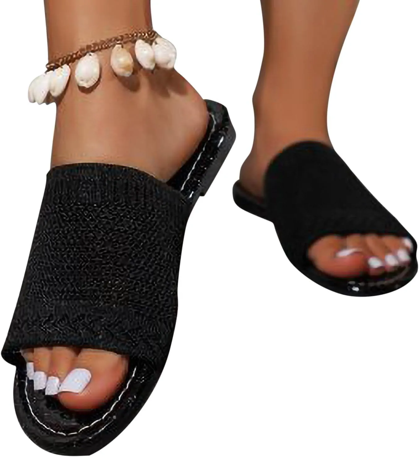 Women's Pearl Weave Wide Width Slide Sandals Comfort Flat Slippers Non-Slip Lightweight Slip On Summer Slides Walking Sandal