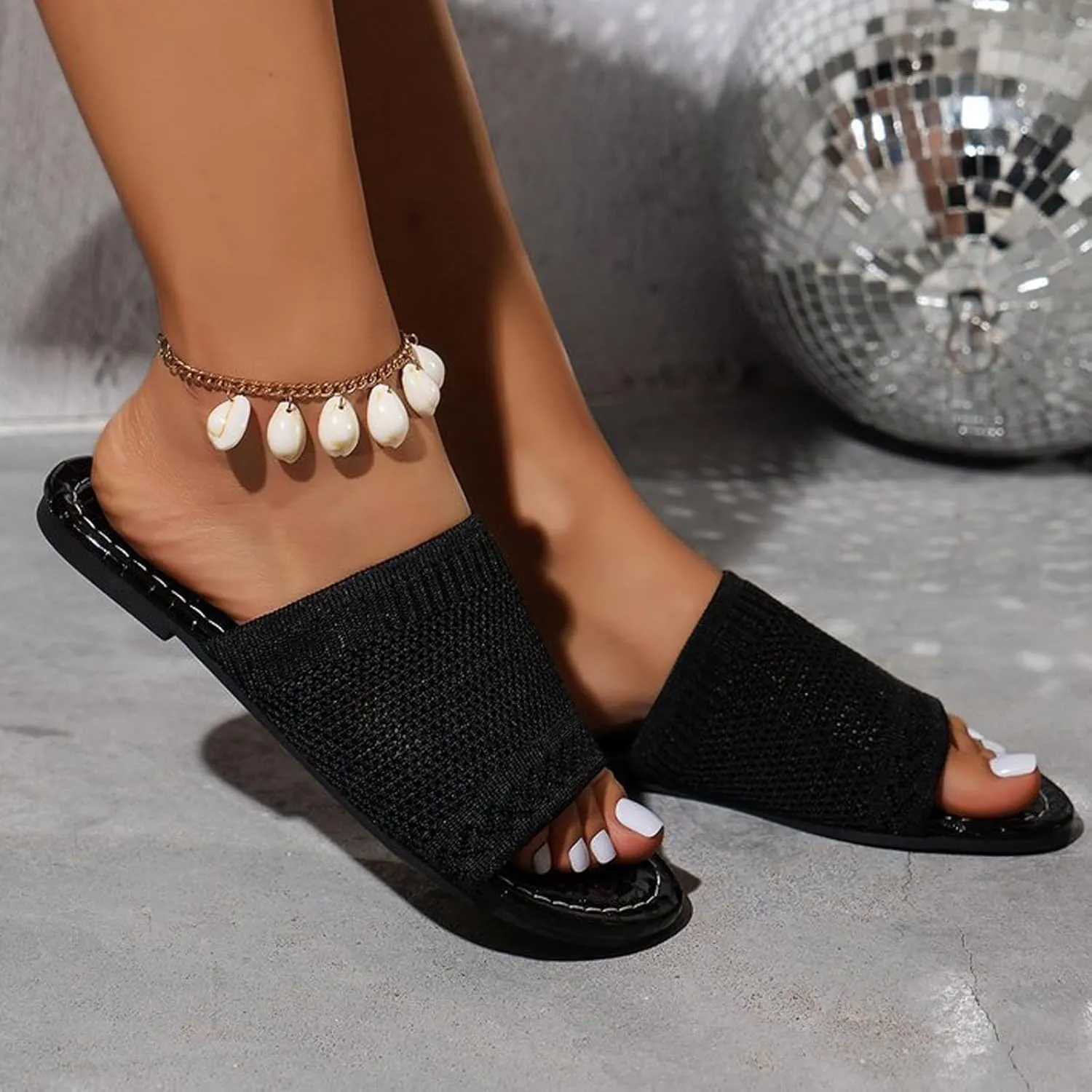Women's Pearl Weave Wide Width Slide Sandals Comfort Flat Slippers Non-Slip Lightweight Slip On Summer Slides Walking Sandal